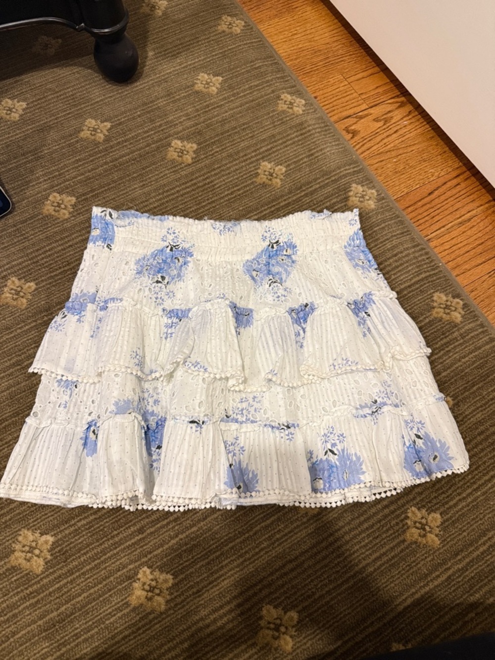 LoveShackFancy White & Light Blue Floral Tiered Mini Skirt